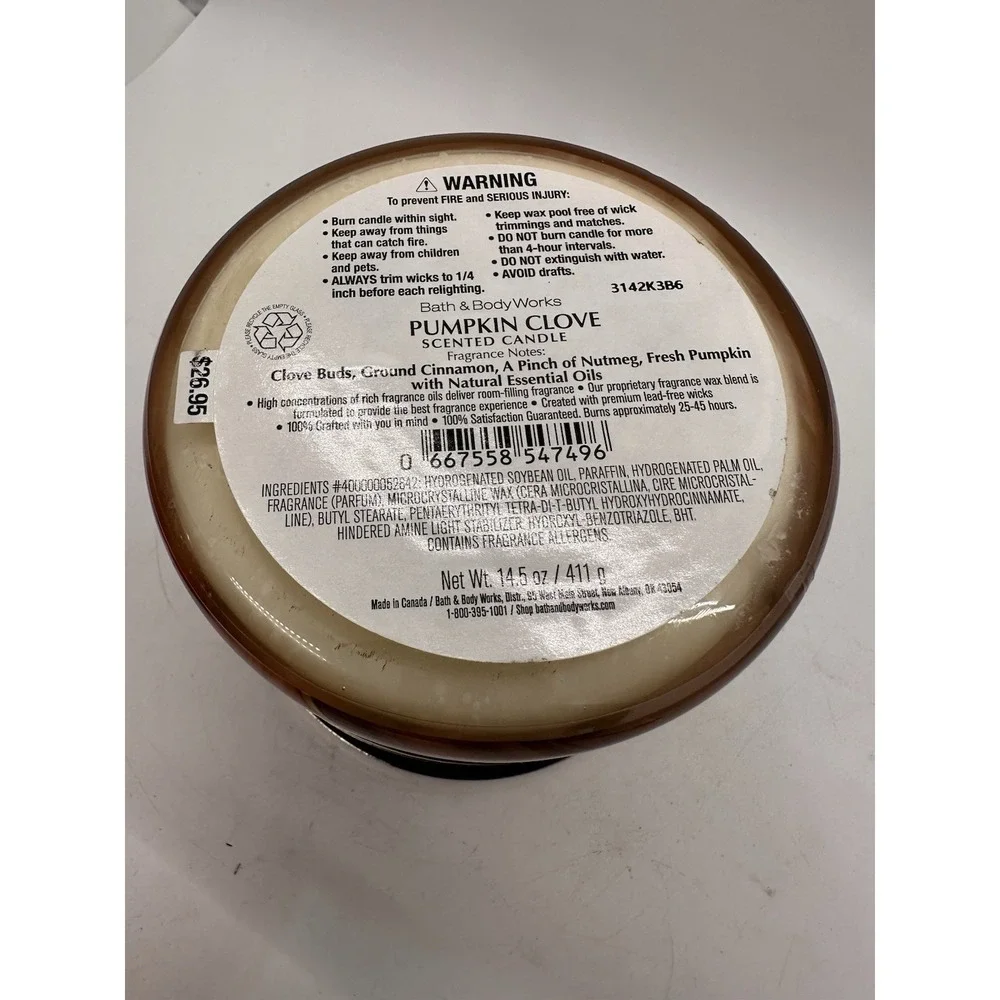 Bath & Body Works Pumpkin Clove 3 Wick Candle 14.5 oz Large Jar Unused‎